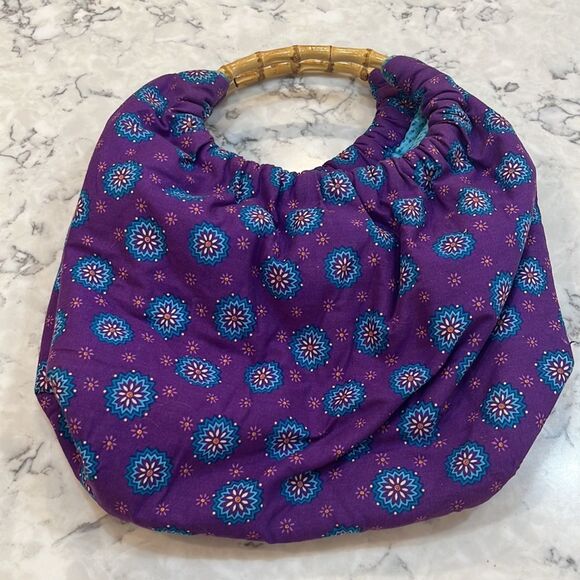 Purple and Teal Bohemian Floral Shoulder Bag with Wooden Handles - Picture 5 of 7